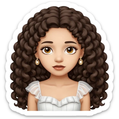 Light skin girl with dark brown very long curly hair, dark brown eyes, white Chanel dress  sticker