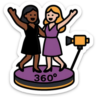 small simple icon of a 360 spin booth with two women, one Black and one White, having fun, dressed elegantly, purple gold and black accents, luxury event vibe sticker