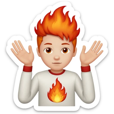 A boy with no hands fire instead made out of red fire and the boy is wearing a shirt that says FIRE C sticker