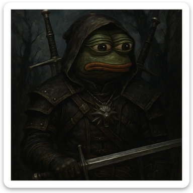 Пэпэ in The Witcher style, with a dark fantasy look and a silver sword sticker