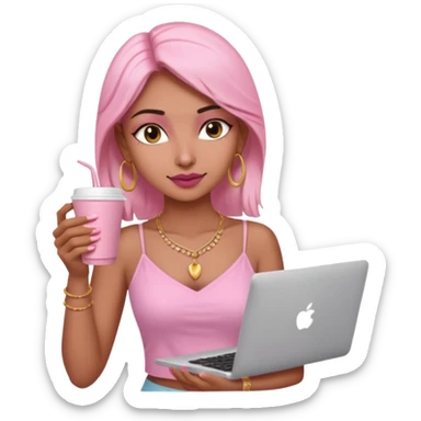 a pretty fair indian bratz girl with a pink cami top, drinking takeaway brown coffee, golden dainty necklace and carrying a white macbook sticker