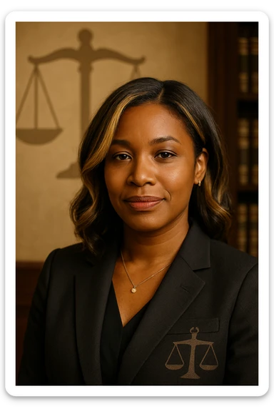 Portrait of a confident and serene Black woman with blended blonde highlights and brunette hair, wearing a dark professional blazer in a legal environment. She has a light smile and direct gaze, conveying empathy, authority, and attentiveness. Subtle stylized justice scale symbol on the background or clothing. Maternal authenticity detail: delicate pendant, subtle earrings, or discreet hair accessory. sticker