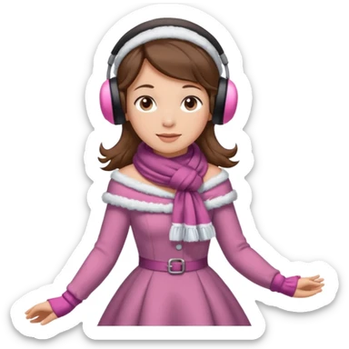 Victorian ice skater in a long dress. She is wearimg a scarf and earmuffs. She has boriwn hair. sticker