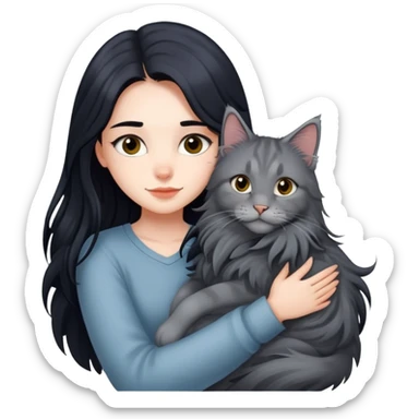 Beautiful girl with fair skin and long black hair hugs a gray Maine Coon cat sticker