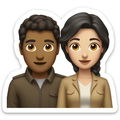 A couple man and woman Both have dark hair, with in the middle of them. A Husky. Golden beige sticker