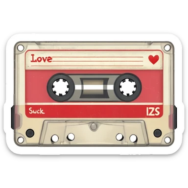 Isolated, rendering, vintage style music cassette tape, vintage appearance white label that reads "love sucks" on front sticker
