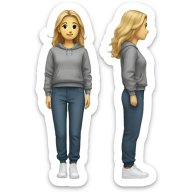 a girl in trousers and a sweatshirt sticker