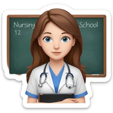 university classroom that says nursing school on the blackboard with a pretty female nursing student with long brown hair, blue eyes sticker