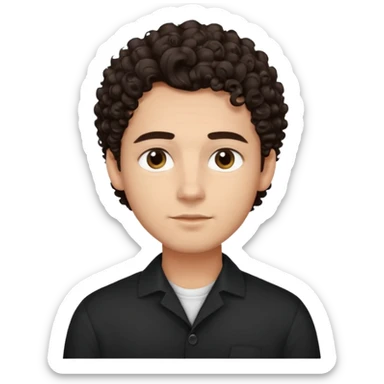He’s a young man with light to medium skin, a defined oval face, full brows, deep-set eyes, and voluminous curly dark brown hair styled with height. expression calm and focused relaxed black open-collar shirt.polished, articulate, and professional vibe. sticker