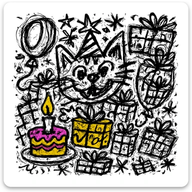 Make the birthday cake more colorful while keeping the chaotic outlined style and all other elements intact sticker