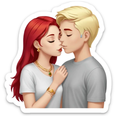 close-up of young 20 year old couple kissing, girl with red hair and blonde eyebrows wearing gold jewelry and light clothes, boy with white hair wearing dark t-shirt sticker