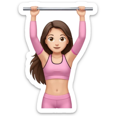 white happy brunette teen long hair with hazel eyes in light pink workout clothes doing a pullup sticker