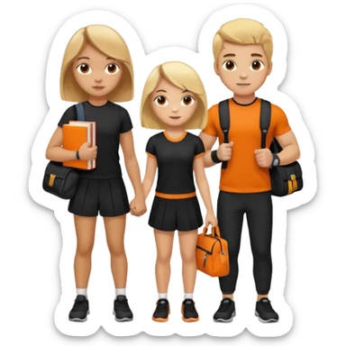 light skin students girl and boy with school bag full of books on hand and dumbell in other hand. Clothes are in black and orange colours. They are going to the gym. They have brown and blonde hair sticker
