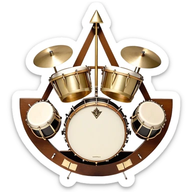 Create a heraldic, festive, and professional emblem-like emoji representing percussion instruments. The design should resemble a traditional crest, featuring a range of percussion instruments like cymbals, triangle, tambourine, maracas, timpani, and other traditional and folk percussion instruments. Arrange them symmetrically, with elements like cymbals crossing each other, a triangle at the center, and timpani or drums flanking the sides. The instruments should be depicted with metallic and wooden tones—shiny brass for cymbals, silver for the triangle, and rich wood or polished bronze for drums. Include ornate details like engraved patterns on the instruments, decorative swirls or laurels, and subtle accents to add elegance and festivity to the composition. The overall design should be cohesive, balanced, and visually striking, suitable for use as a prestigious emblem. The background should be transparent. sticker