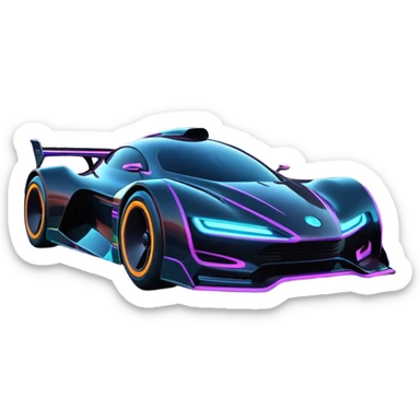 A futuristic racing car with glowing neon lights, sleek aerodynamic design, and a cyberpunk cityscape in the background. The car is speeding through a neon-lit street with high-tech buildings and holograms." sticker