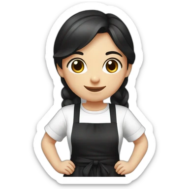 Slavic girl with dark hair in a white T-shirt and a black apron smiles with a rag in her hands and her hands on her sides sticker