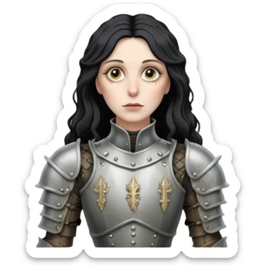 realistic cinematic actress Cher in Victorian styling like Joan of Arc dirty damaged armor in a forest sticker