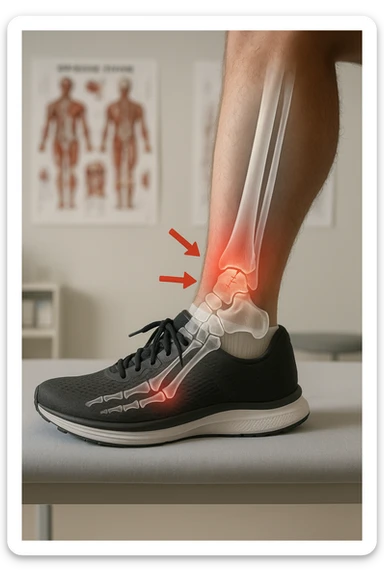 Realistic, vertical medical scene: a runner’s foot and lower leg are shown in profile, with a transparent overlay revealing a small stress fracture in the metatarsal bone. Red highlights and arrows indicate the area of pain and injury. The setting is a medical exam room, with anatomical charts in the background. sticker