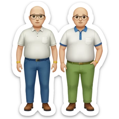 two guys, the first guy is white bald have glases a white dressshirt with rolled up sleeves and green pants he is over weight, The second guy has a yellow skin tone white golf shirt blue jeans and bald they should stand next to eachother sticker