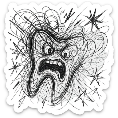 a black and white chaotic doodle of a toothache sticker