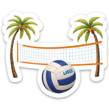 The scene captures an orange sand, sunny sea beach with clear blue sea and sky, palm trees swaying. A volleyball resting on the orange sand ground of a beach, with a volleyball net in the background.  sticker