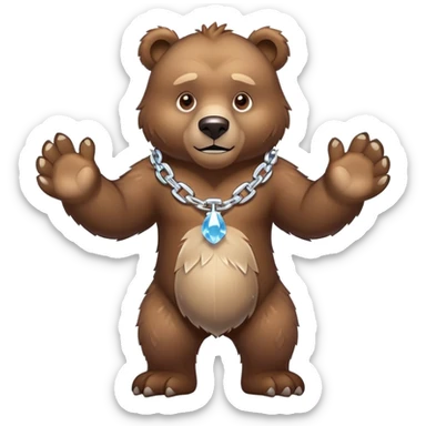 Fierce brown bear walking on four paws with an ice chain necklace, frozen chain links made of crystal clear ice, serious face sticker