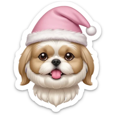 one white all over little shih tzu dog with tongue hanging out sitting with light pink christmas hat sticker