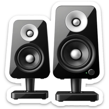 Single black desktop speaker with glossy front, one large white cone with black center, small volume knob, clean white background, studio product photo. sticker