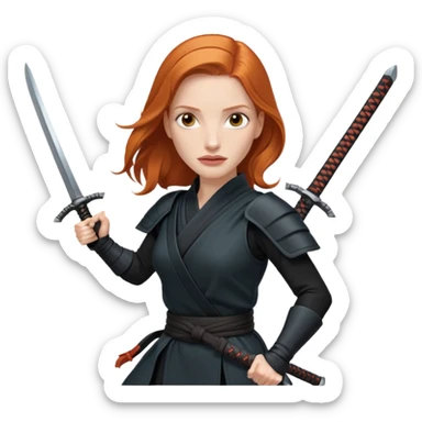 Jessica Chastain, in a ninja position with big swords sticker