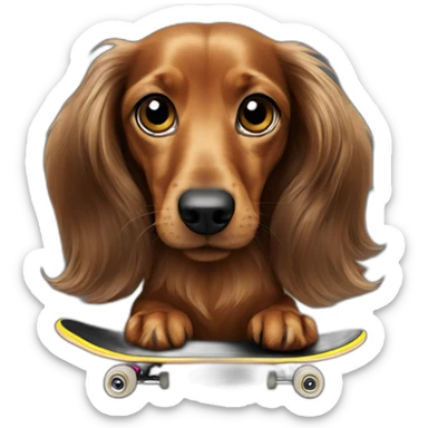 long haired Dachshund on a black skateboard sticker