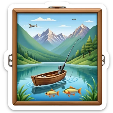 Icon for Fishing Travel: a boat on a calm lake surrounded by mountains and lush greenery, with fish jumping out of the water, a fishing rod, tackle box. The icon should capture the peaceful and adventurous nature of fishing trips. Transparent background. sticker