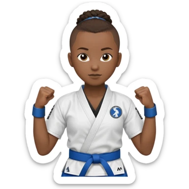 black karate instructor with pony tail afro hair and shaved bald sides haircut, Make the hair brown and the belt blue. Add the roger Gracie academy logo on the go also and the p logo of progress jiu jitsu on the right arm at the top sticker