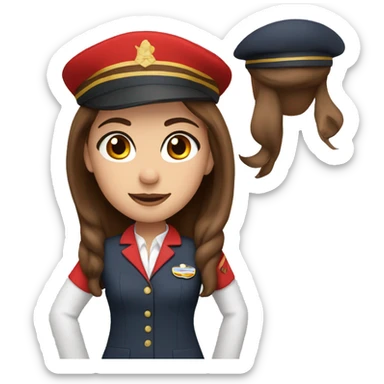 A white stewardess with long brown hair and brown eyes  in a red uniform and a red beret sticker