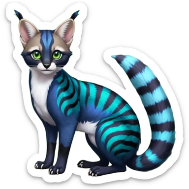 Colorful dark tropical cobalt-blue, black, white fur, with green eyes, iridescent glorious divine exotic cute cool beautiful shiny beautiful fantasy-caracal-civet-genet-sergal-vernid-Cacomistle-Furret-civet-oncilla-animal-Fakémon-hybrid-fursona with pattern markings (full body) sticker