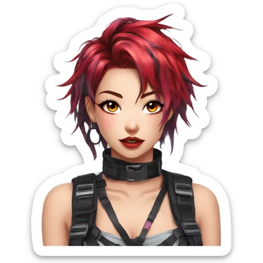 Gorgeous shiny colorful techwear anime style lady with blushing face aesthetic and pretty edgy black red punk messy hair with collar and harness trending style sticker