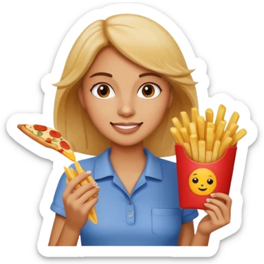 lean female holding fries on one hand and eating pizza on the other hand sticker