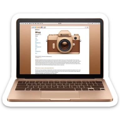 Create an emoji representing blogging. The design should feature an open laptop with a visible blog post on the screen, showing text. Add a photo or video camera to emphasize multimedia content. Do not include any emojis or smiley faces. Make the background transparent. sticker