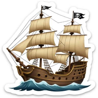 An icon representing an adventure game, inspired by high-seas exploration. The design features a fearless pirate gripping the wheel of a grand sailing ship, its tattered Jolly Roger flag billowing as it cuts through stormy waters. The scene evokes danger, treasure, and the thrill of the open sea. Transparent background. sticker