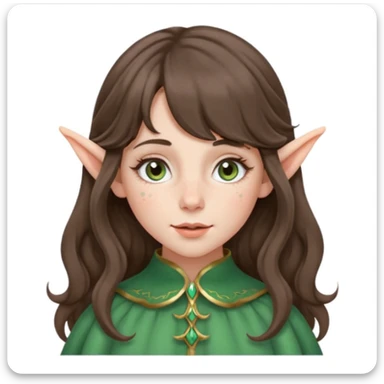 A young woman with medium length brunette wavy hair, with curtain bangs. Has pale ivory skin, rosy cheeks, and has freckles dusting the cheeks and nose. Has hazel green/gray eyes, and long elf ears. sticker