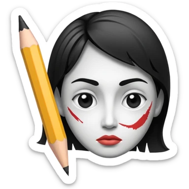 Create a black-and-white icon showing the process of cartooning: a pencil sketching an exaggerated face, with ink pen details and pencil smudges. Use clean lines and shading. Transparent background. sticker