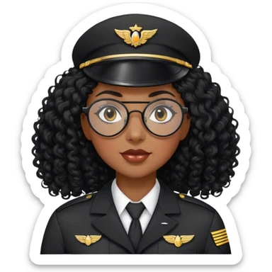 femme pilote d'avion en uniforme noir aux cheveux bouclés noir long sans chapeau et petites lunettes arrondis naturelle yeux en amande sticker