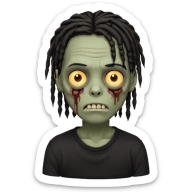 zombie boy with short black dreads that covers their eyes Their hair is dark brown, styled in shoulder-length dreadlocks that appear somewhat loose and slightly unkempt. The hair frames their face.wearing a black shirt  sticker