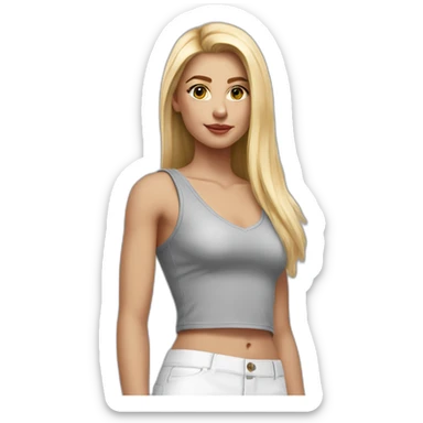 hyperrealistic caucasian blonde, long straight hair, white deep v-neck crop tanktop, gray tight mini skirt sticker