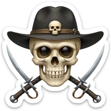 A skull and crossswords wearing a black wide brimmed traveler's hat. sticker