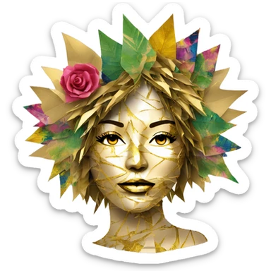  Hemp 420 lady face melting gold drizzle kintsugi multicoloured funky palm leaves tropical made of 420 origami newspaper roses hemp leaves bokeh and paper and hemp leaves in hair sticker