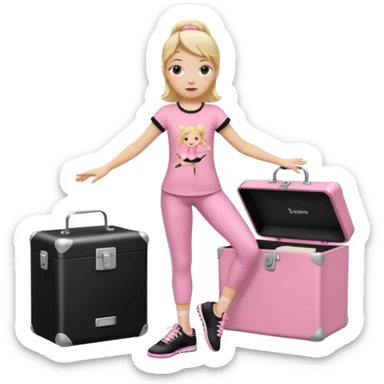 Hiphop dancer, with cute big pants, sneakers, and t-shirt. White girl blond. Coloufull shirt. No pocket pants. Dancing. Pink and black plain outfit. No sweatbands on the wrist, black music box behind her. Ballerina pose. The third on is amazing. With nothing on the shirt sticker