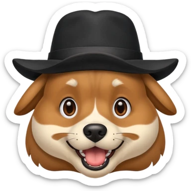 a surprised dog with an open mouth and a black hat on its head sticker