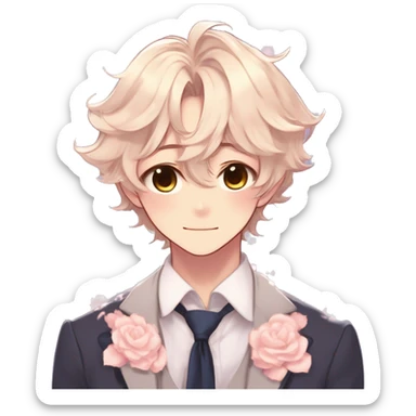 Gorgeous romantic hot attractive anime style formal modern gentlemanly anime shojo guy with pretty hair and flower petals and blushing face aesthetic trending style  pastelcore cottagecore kawaiicore sticker
