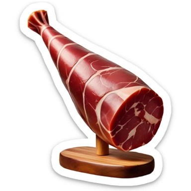 _cinematic-realistic-spanish-ham-leg,-depicted-as-a-massive,-cured-leg-of-jamón-serrano-(ham)-with-a-deep-reddish-brown-hue on the outside,-intricately-marbled-and-slightly-glossy-with-age,-elegantly-displayed-on-a-rustic-wooden-stand-and-bathed-in-warm - jamon prosciutto sticker