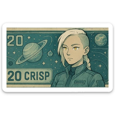a banknote bill. full frame close up of a "20 crisp" banknote. futuristic, cyberpunk. stellar and planetary style designs adorn the bill. the face pictures is a woman in her 20's, gold yellow eyes, white hair in a single long braid, side of head shaved. she wears a military flight bdu. the final design shape is a 2:1 rectangle sticker